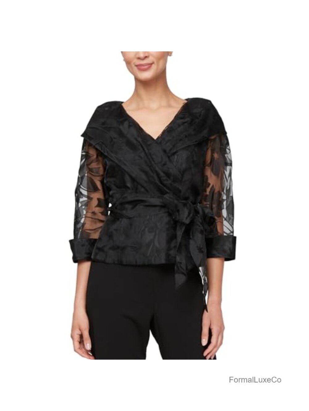 Organza Blouse with Portrait Collar Illusion Sleeves Tie Belt